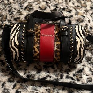 Michael Kors Black, Red & Animal Print Barrel Crossbody